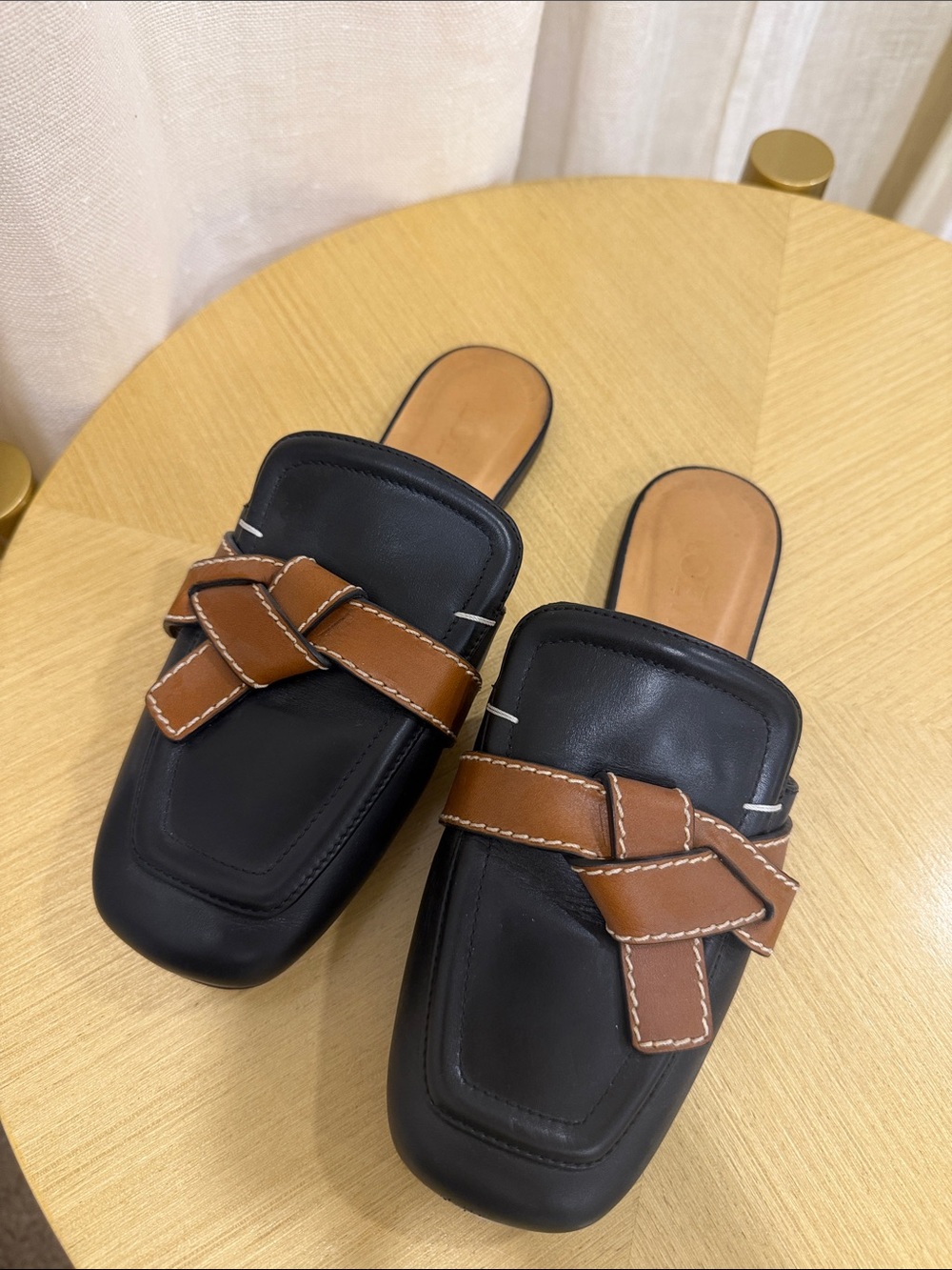 Loewe Black Leather Mules with Brown Braided Strap
